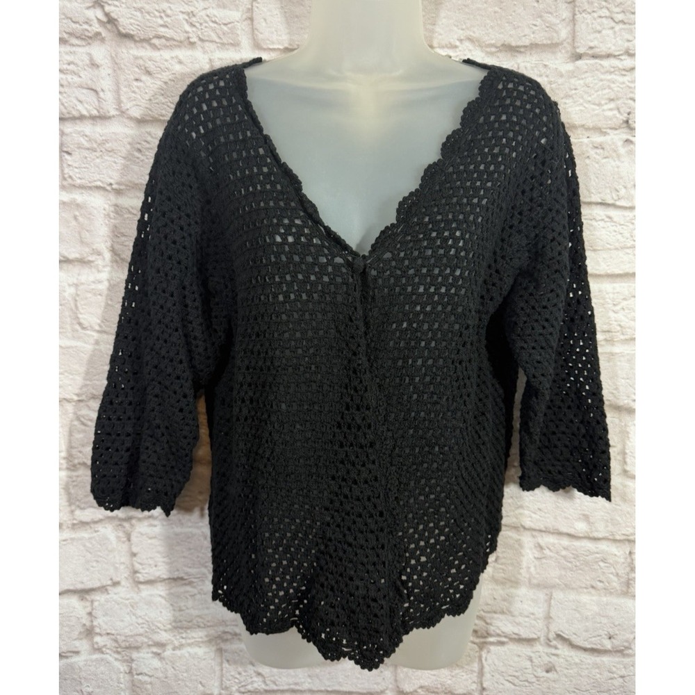 VINTAGE Norm Thompson Black Hand Knit Crochet Linen Blend Cardigan Sweater XL